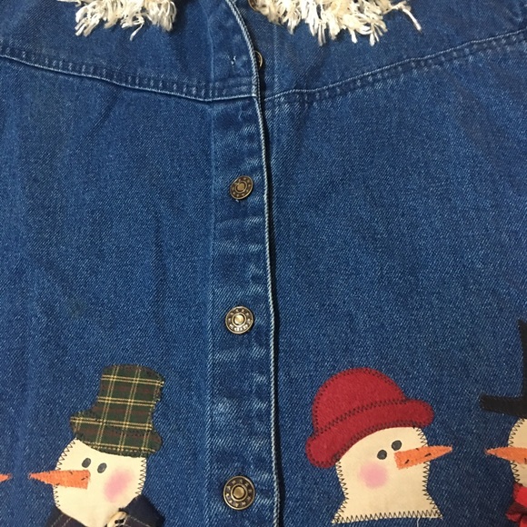 Vintage Upcycled Christmas Holiday Ugly Pretty Denim Jean Vest Snowmen Medium - Picture 4 of 8
